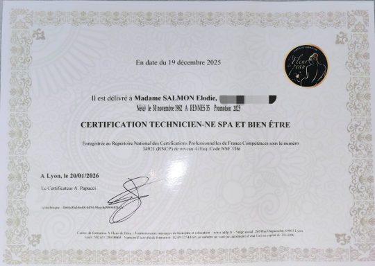 Certification Professionnelle Technicienne Spa et Bien-être